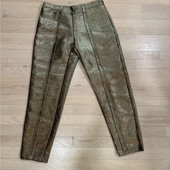 Ramy Brook Lucinda Gold Lame Metallic Skinny Ankle Zip Pants Size 8 EUC - Picture 3 of 8